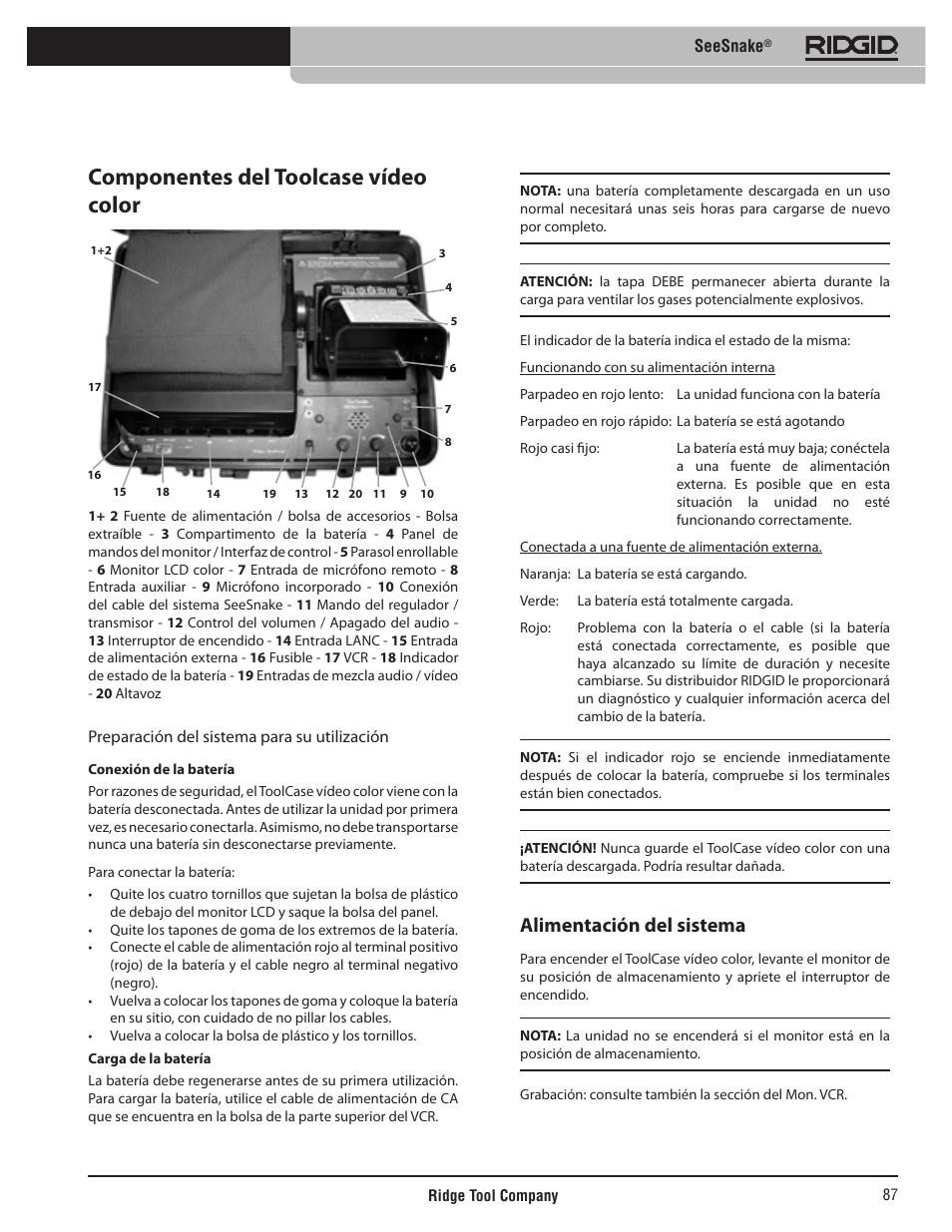 Componentes del toolcase vídeo color, Alimentación del sistema | RIDGID SeeSnake User Manual | Page 88 / 302