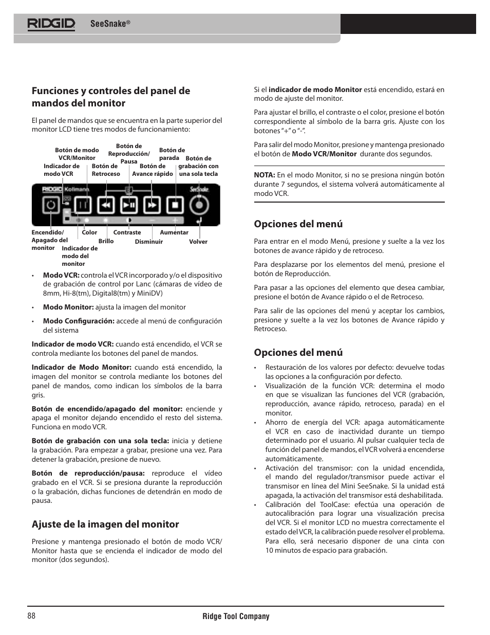 Ajuste de la imagen del monitor, Opciones del menú | RIDGID SeeSnake User Manual | Page 89 / 302