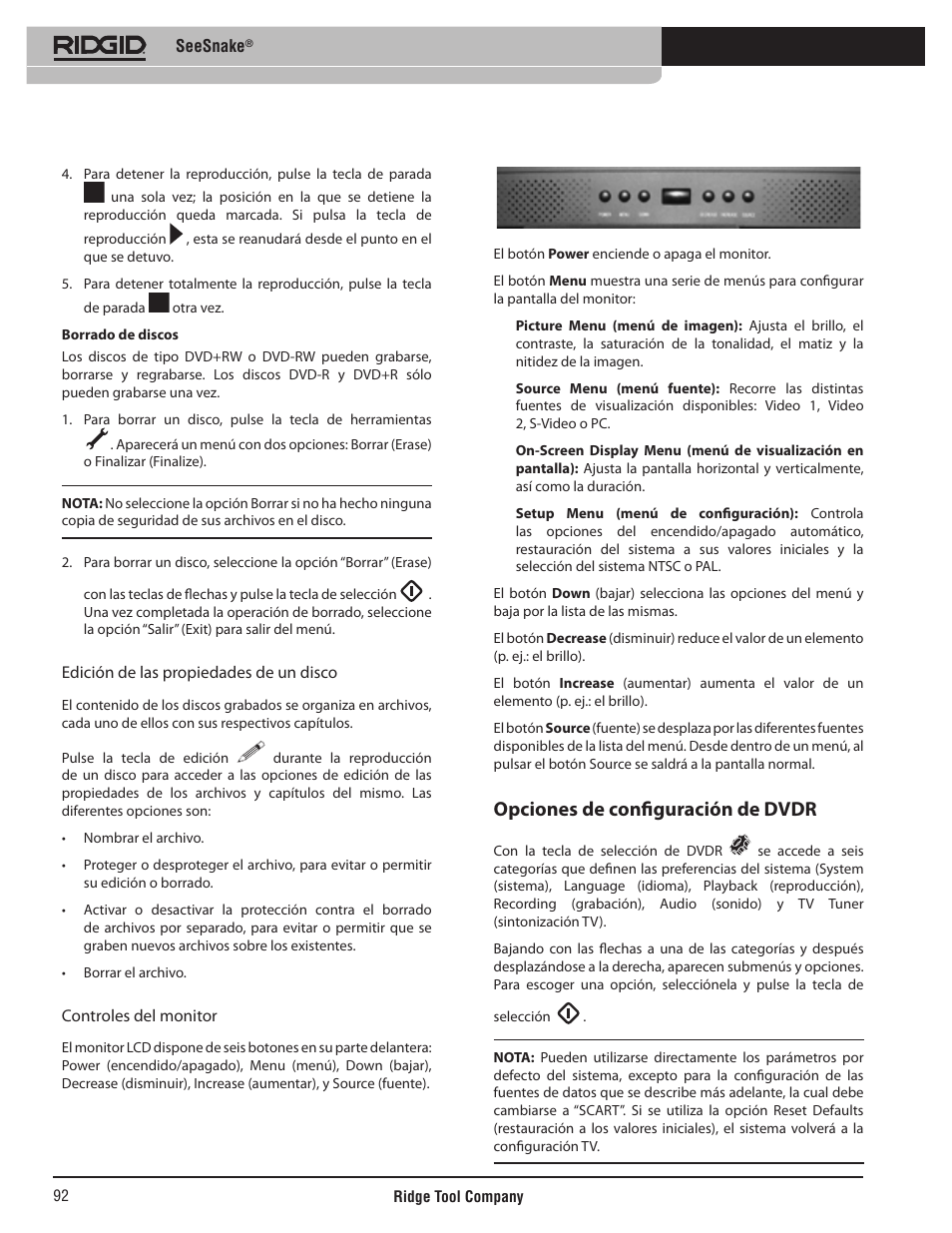 Opciones de configuración de dvdr | RIDGID SeeSnake User Manual | Page 93 / 302