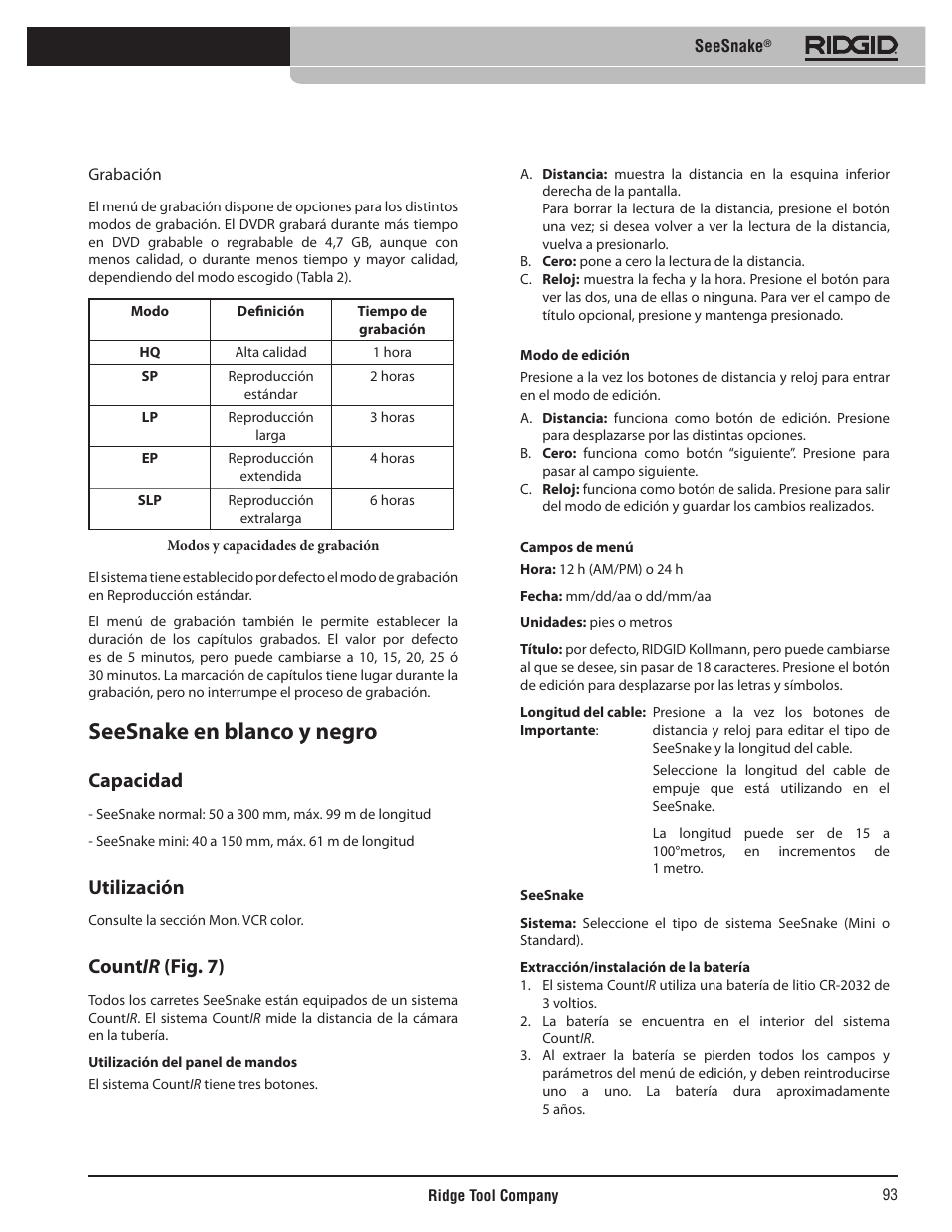 Seesnake en blanco y negro, Capacidad, Utilización | Count ir (fig. 7) | RIDGID SeeSnake User Manual | Page 94 / 302