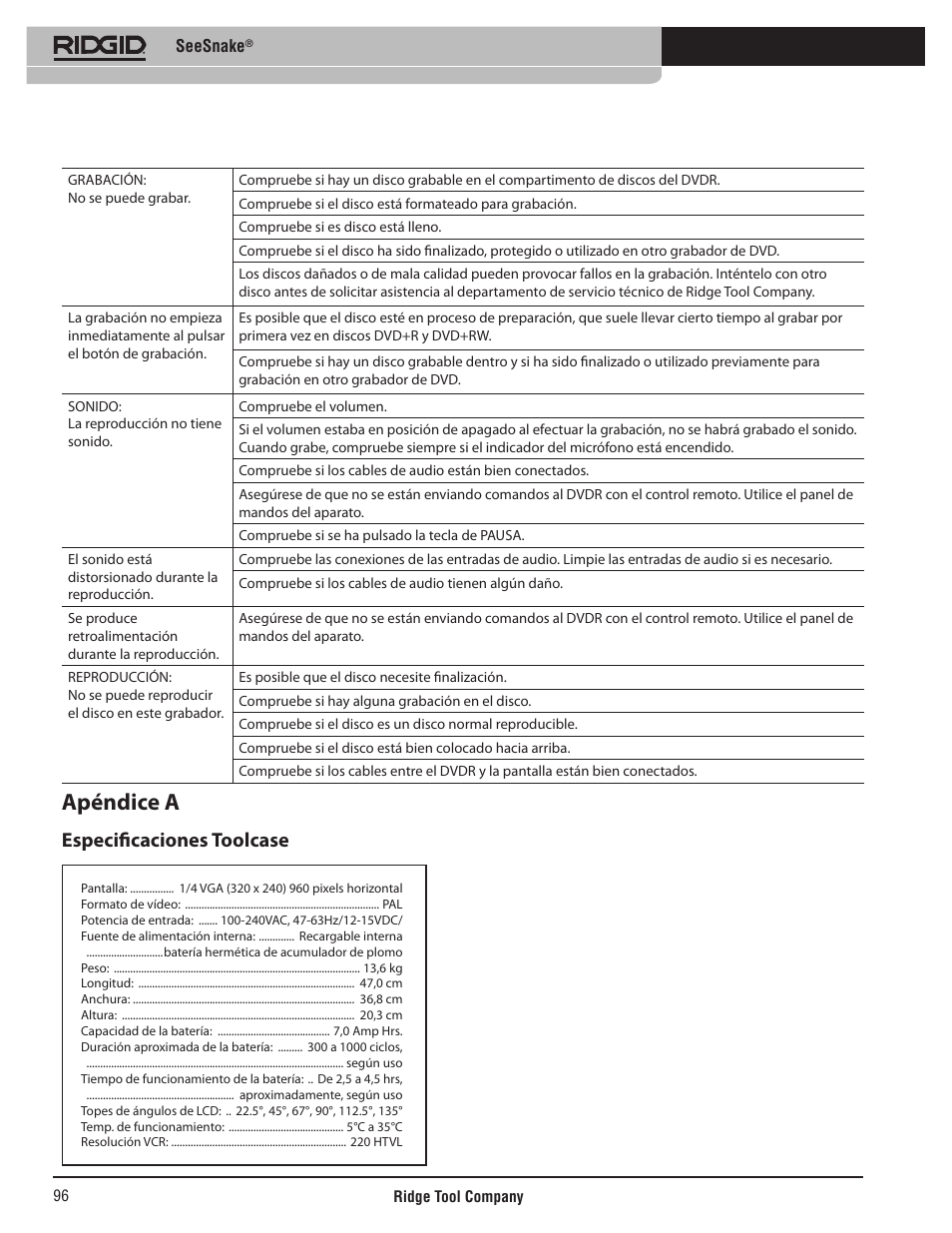 Apéndice a, Especificaciones toolcase | RIDGID SeeSnake User Manual | Page 97 / 302