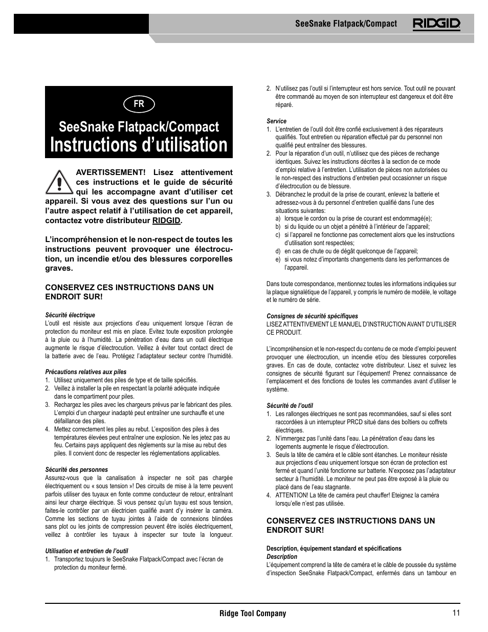 Instructions d’utilisation, Seesnake flatpack/compact | RIDGID SeeSnake Compact User Manual | Page 12 / 98