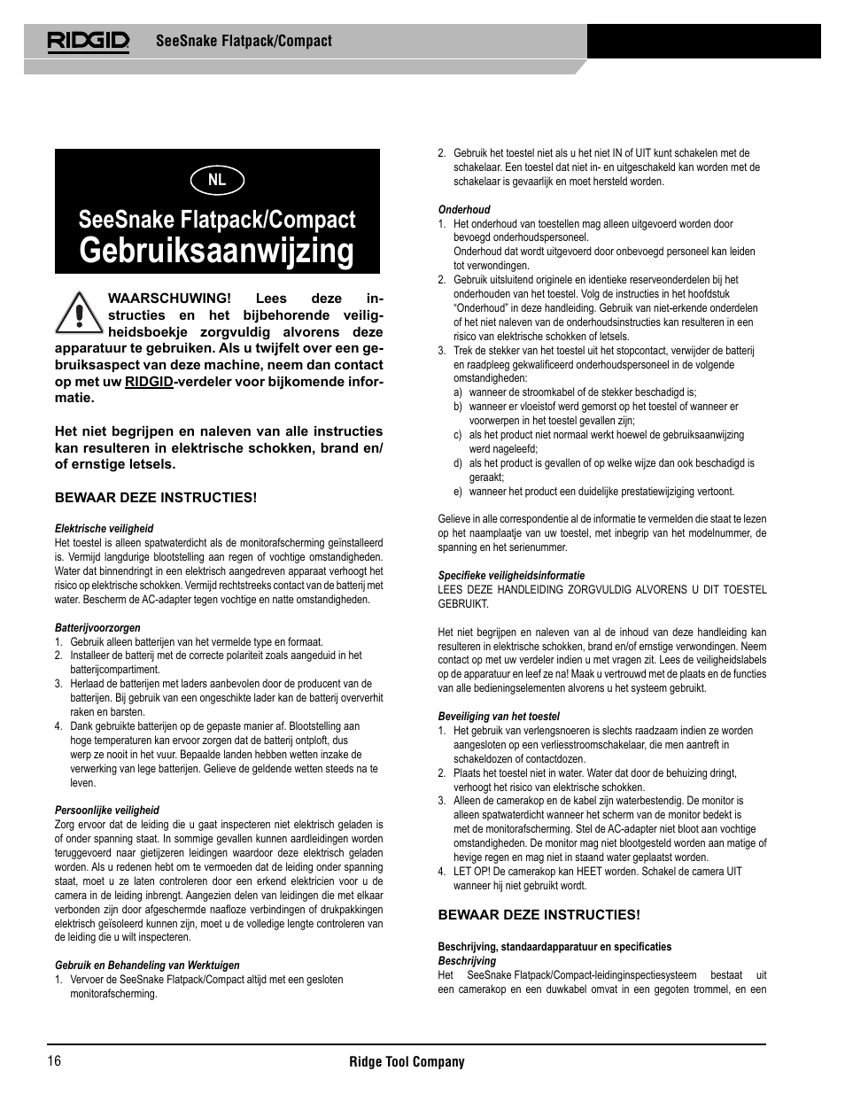 Gebruiksaanwijzing, Seesnake flatpack/compact | RIDGID SeeSnake Compact User Manual | Page 17 / 98