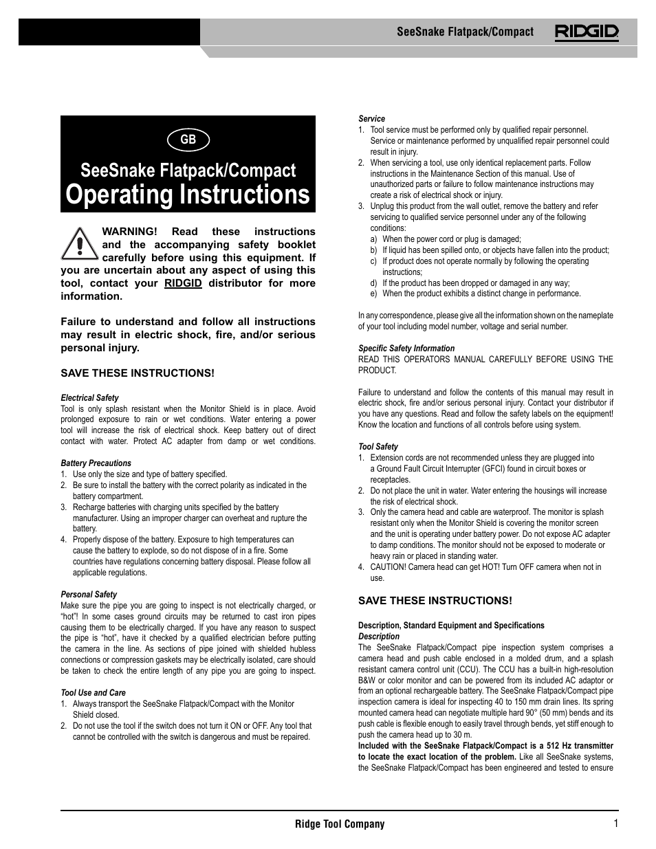 Operating instructions, Seesnake flatpack/compact | RIDGID SeeSnake Compact User Manual | Page 2 / 98
