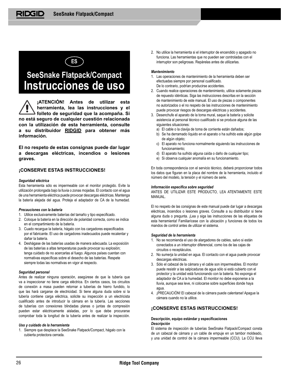 Instrucciones de uso, Seesnake flatpack/compact | RIDGID SeeSnake Compact User Manual | Page 27 / 98