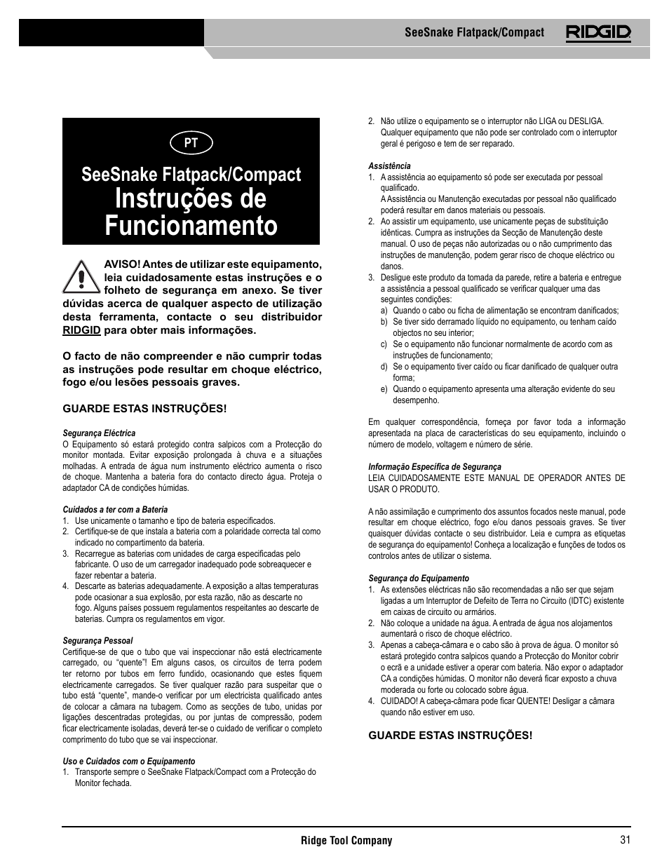 Instruções de funcionamento, Seesnake flatpack/compact | RIDGID SeeSnake Compact User Manual | Page 32 / 98