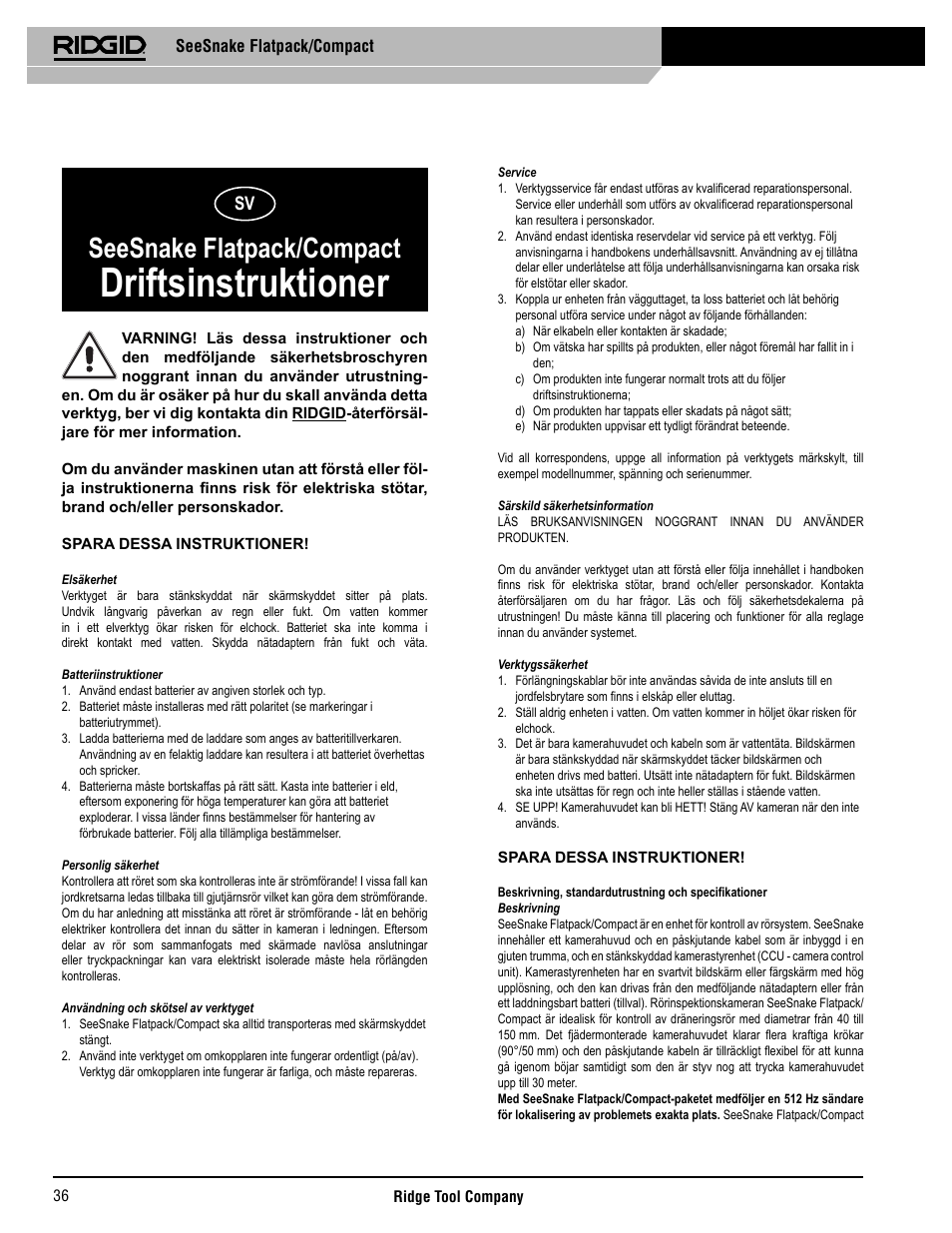 Driftsinstruktioner, Seesnake flatpack/compact | RIDGID SeeSnake Compact User Manual | Page 37 / 98