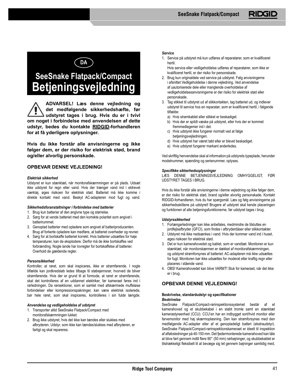 Betjeningsvejledning, Seesnake flatpack/compact | RIDGID SeeSnake Compact User Manual | Page 42 / 98