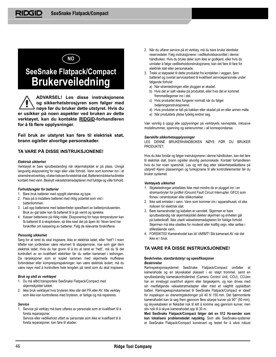 Brukerveiledning, Seesnake flatpack/compact | RIDGID SeeSnake Compact User Manual | Page 47 / 98