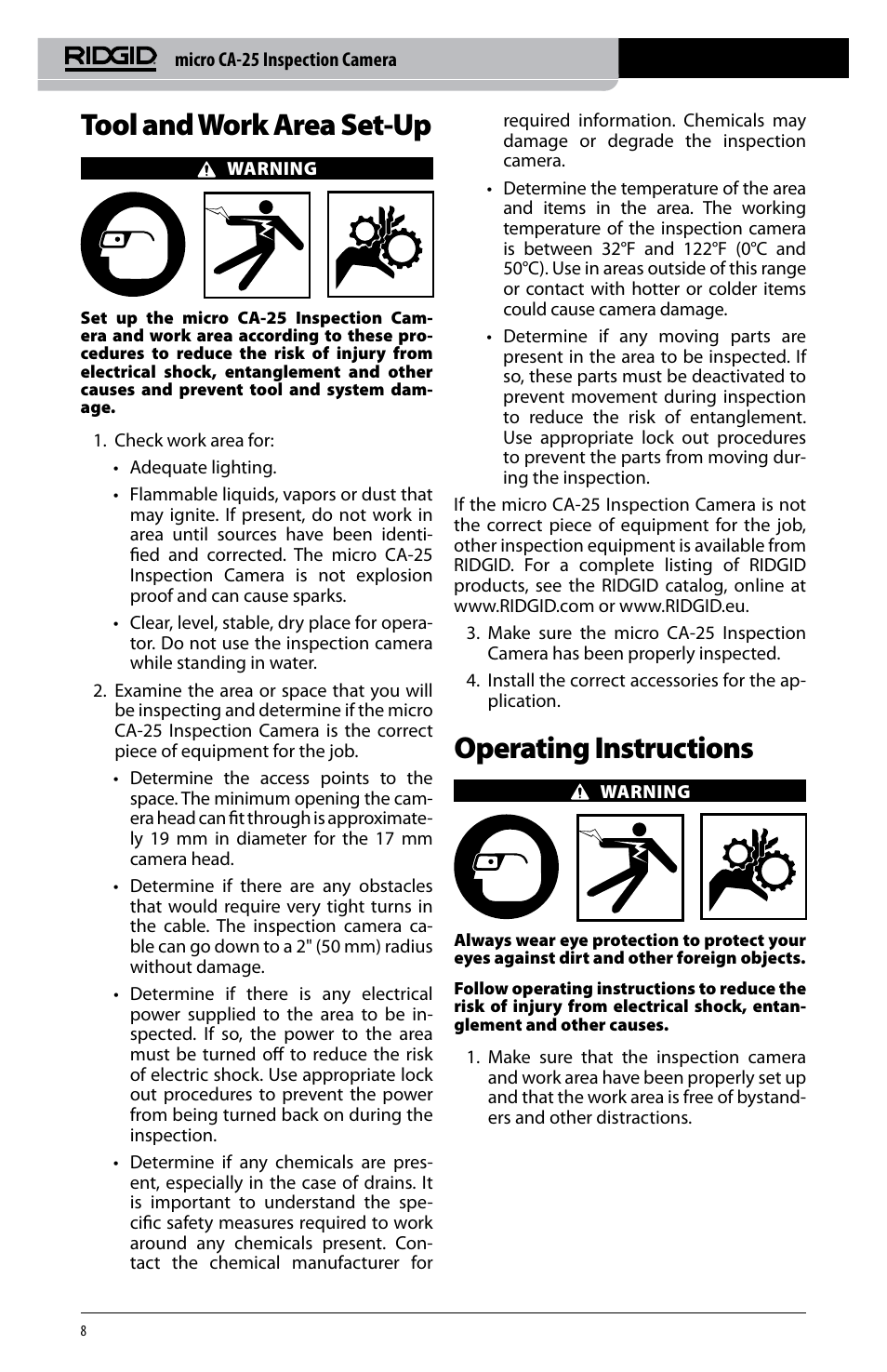 Tool and work area set-up, Operating instructions | RIDGID micro CA-25 User Manual | Page 10 / 236