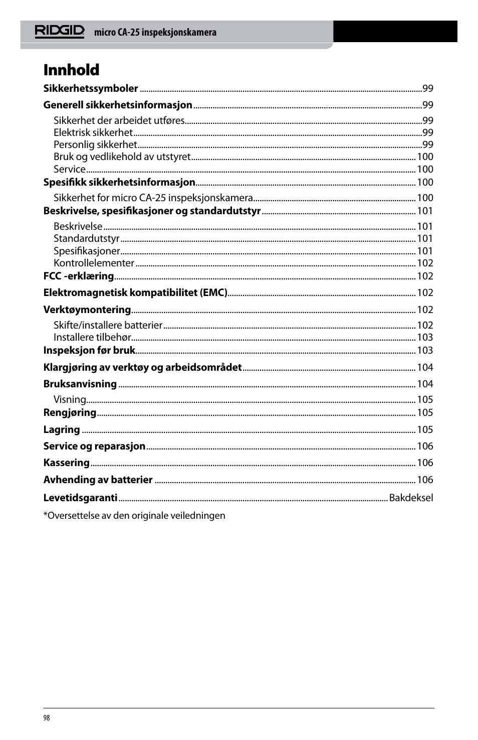Innhold | RIDGID micro CA-25 User Manual | Page 100 / 236