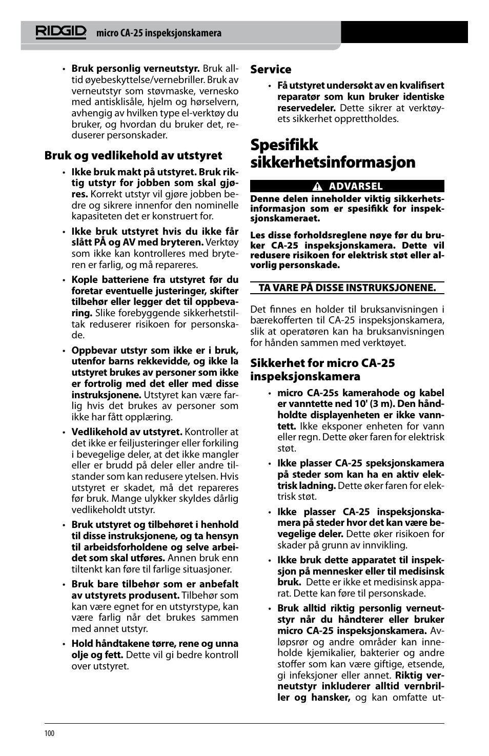 Spesifikk sikkerhetsinformasjon, Bruk og vedlikehold av utstyret, Service | Sikkerhet for micro ca-25 inspeksjonskamera | RIDGID micro CA-25 User Manual | Page 102 / 236