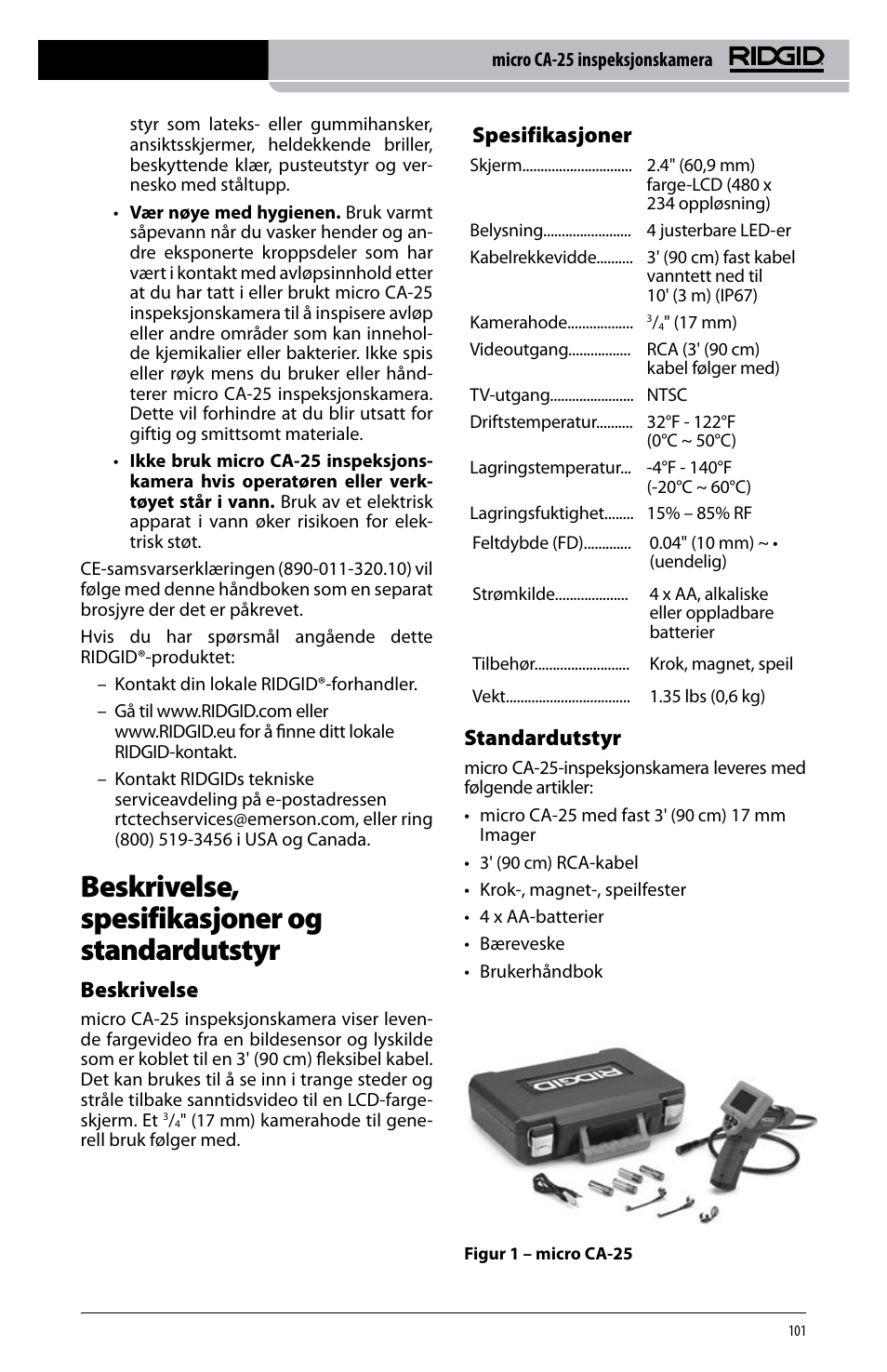 Beskrivelse, spesifikasjoner og standardutstyr, Beskrivelse, Spesifikasjoner | Standardutstyr | RIDGID micro CA-25 User Manual | Page 103 / 236