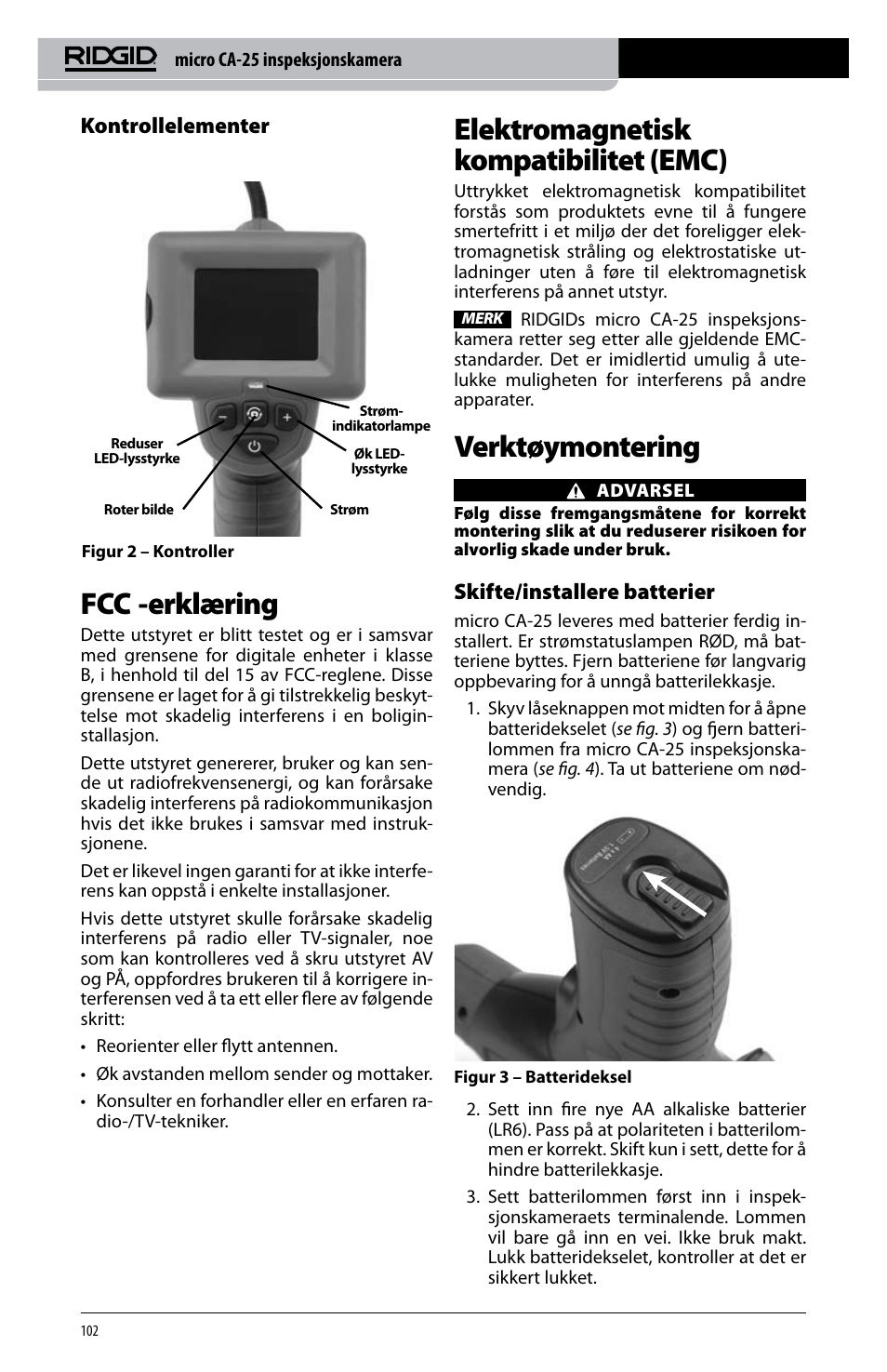 Fcc -erklæring, Elektromagnetisk kompatibilitet (emc), Verktøymontering | Kontrollelementer, Skifte/installere batterier | RIDGID micro CA-25 User Manual | Page 104 / 236