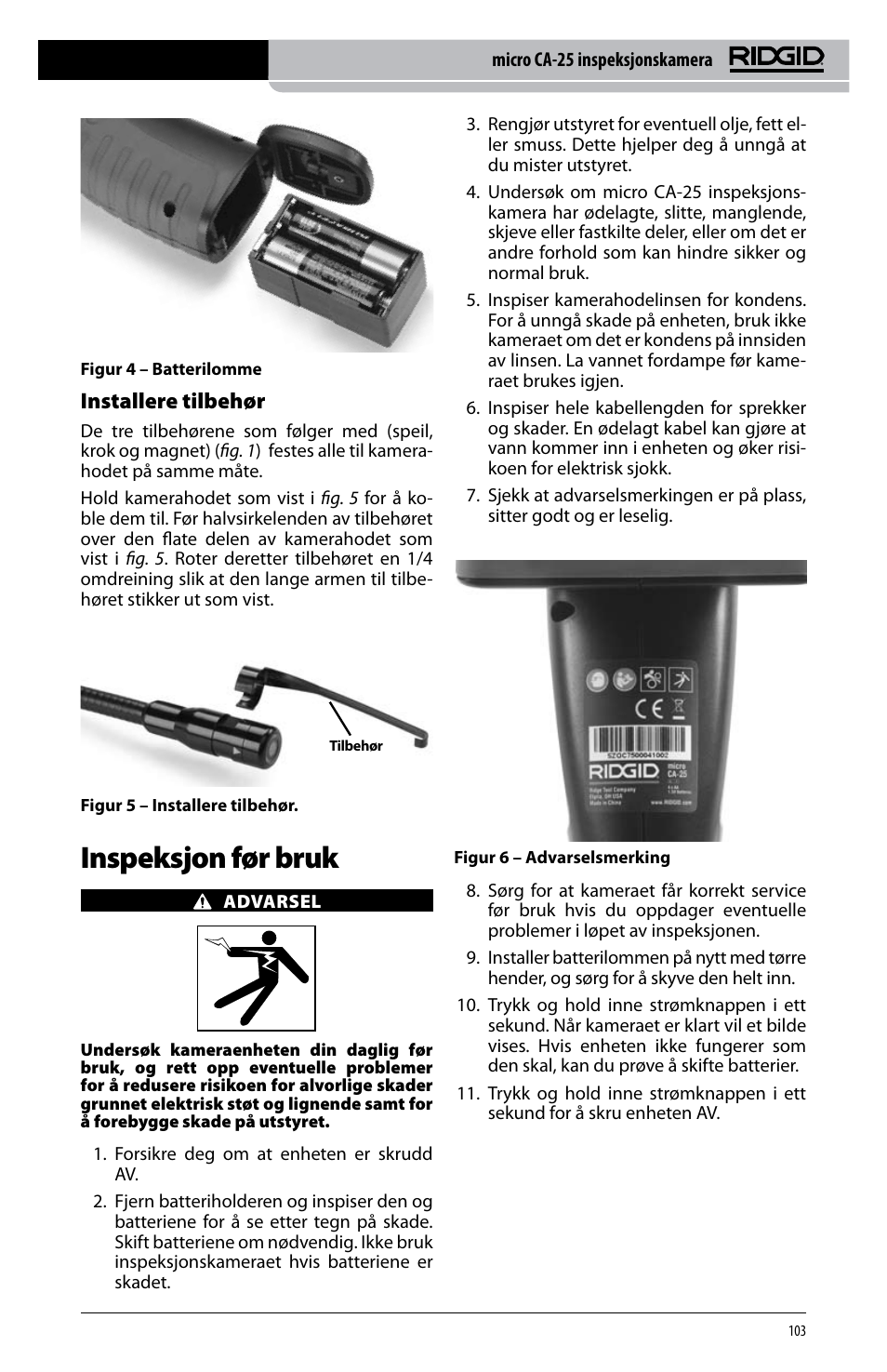 Inspeksjon før bruk, Installere tilbehør | RIDGID micro CA-25 User Manual | Page 105 / 236