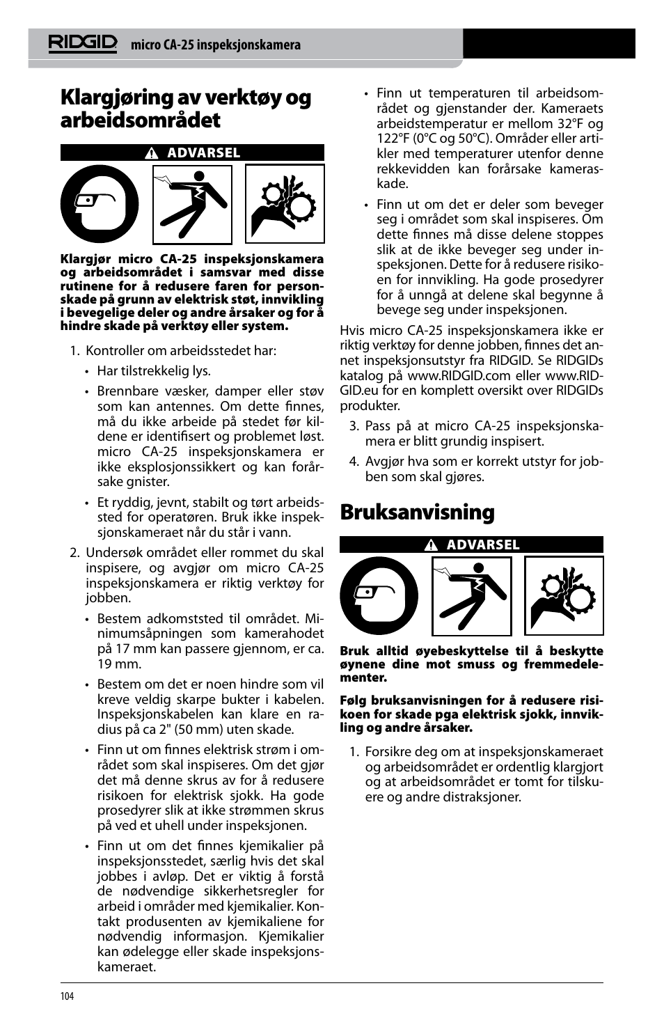 Klargjøring av verktøy og arbeidsområdet, Bruksanvisning | RIDGID micro CA-25 User Manual | Page 106 / 236