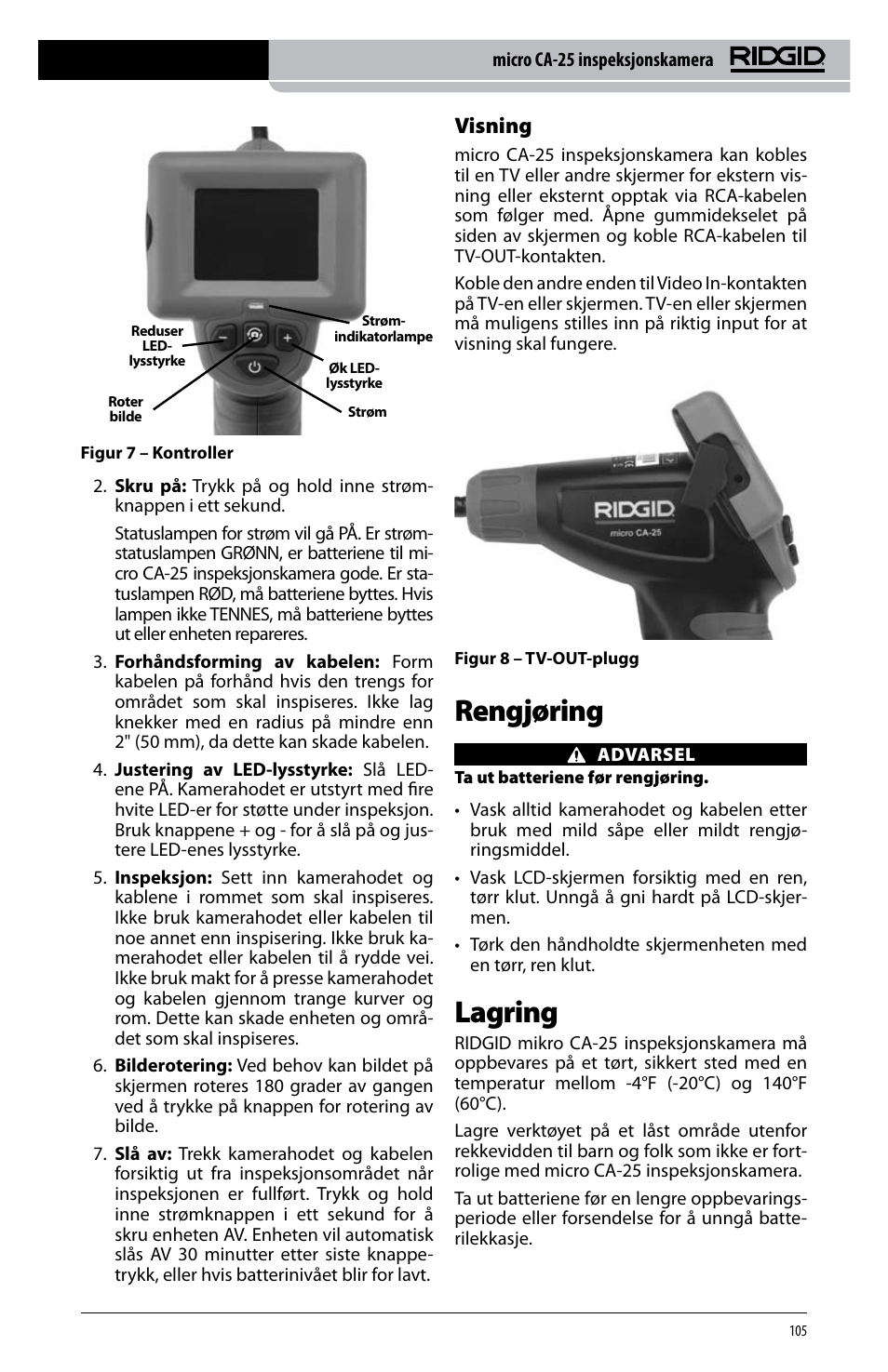 Rengjøring, Lagring, Visning | RIDGID micro CA-25 User Manual | Page 107 / 236