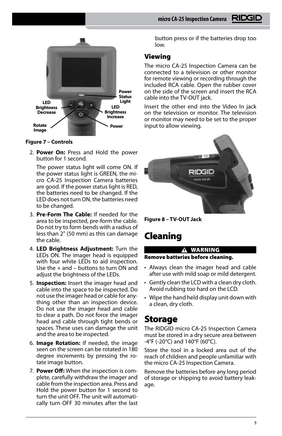 Cleaning, Storage, Viewing | RIDGID micro CA-25 User Manual | Page 11 / 236