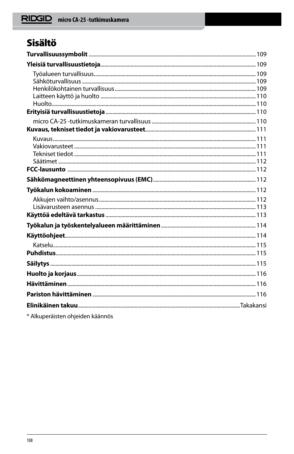 Sisältö | RIDGID micro CA-25 User Manual | Page 110 / 236