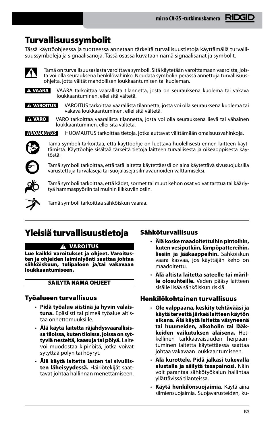 Turvallisuussymbolit, Yleisiä turvallisuustietoja, Työalueen turvallisuus | Sähköturvallisuus, Henkilökohtainen turvallisuus | RIDGID micro CA-25 User Manual | Page 111 / 236