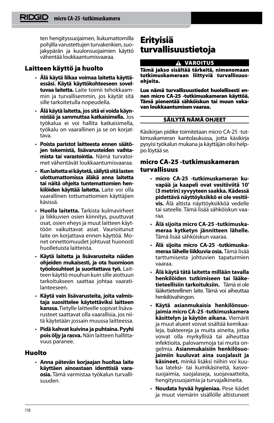 Erityisiä turvallisuustietoja, Laitteen käyttö ja huolto, Huolto | Micro ca-25 -tutkimuskameran turvallisuus | RIDGID micro CA-25 User Manual | Page 112 / 236