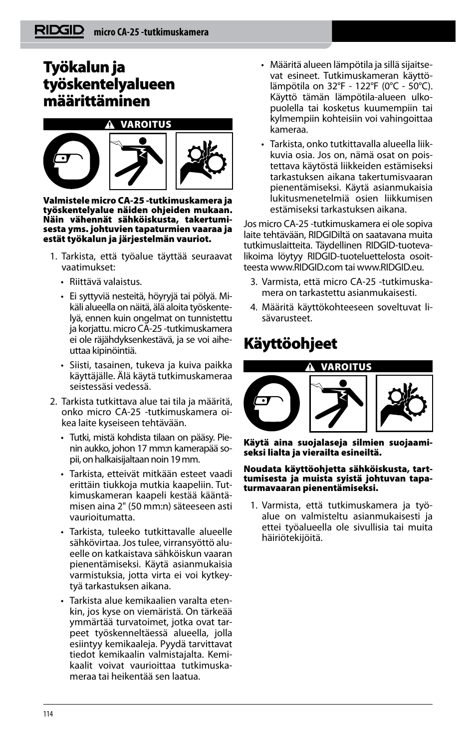 Työkalun ja työskentelyalueen määrittäminen, Käyttöohjeet | RIDGID micro CA-25 User Manual | Page 116 / 236