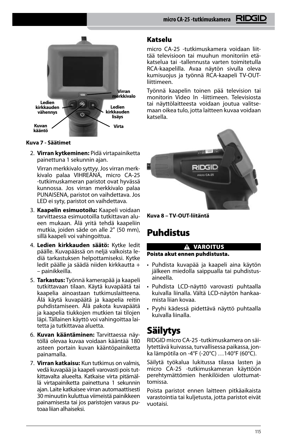 Puhdistus, Säilytys, Katselu | RIDGID micro CA-25 User Manual | Page 117 / 236