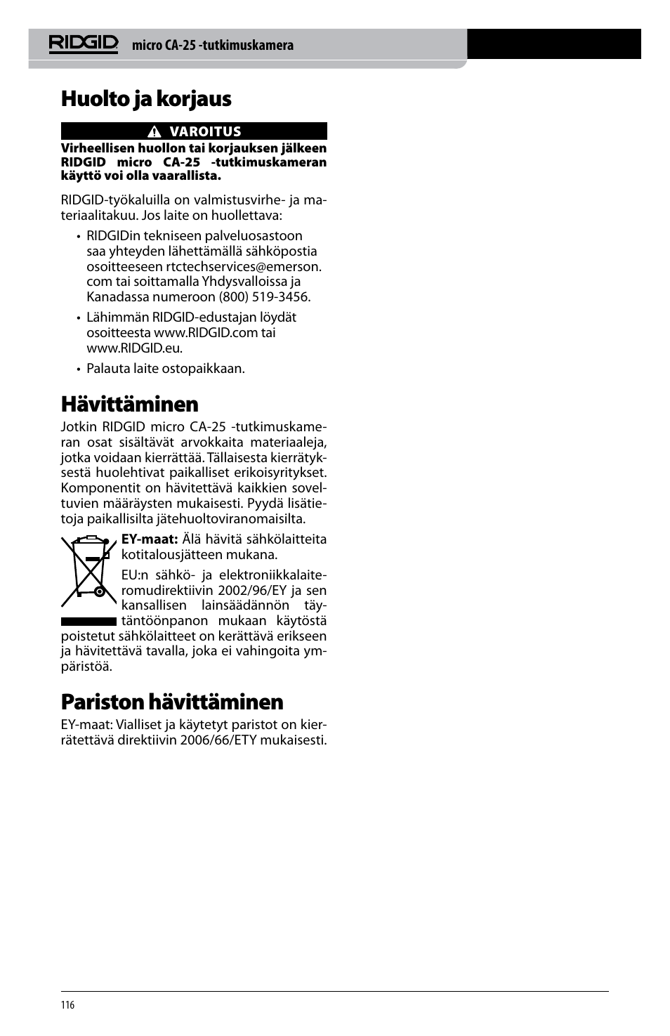 Huolto ja korjaus, Hävittäminen, Pariston hävittäminen | RIDGID micro CA-25 User Manual | Page 118 / 236
