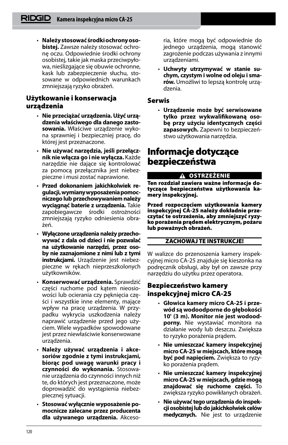 Informacje dotyczące bezpieczeństwa, Użytkowanie i konserwacja urządzenia, Serwis | Bezpieczeństwo kamery inspekcyjnej micro ca-25 | RIDGID micro CA-25 User Manual | Page 122 / 236