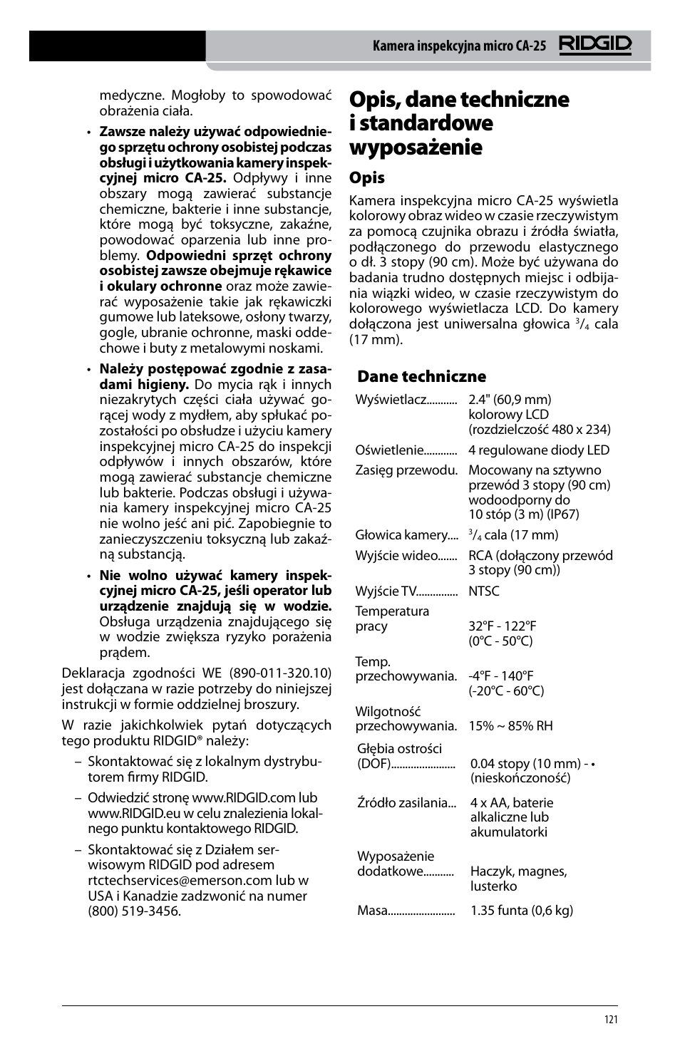 Opis, dane techniczne i standardowe wyposażenie, Dane techniczne, Opis | RIDGID micro CA-25 User Manual | Page 123 / 236