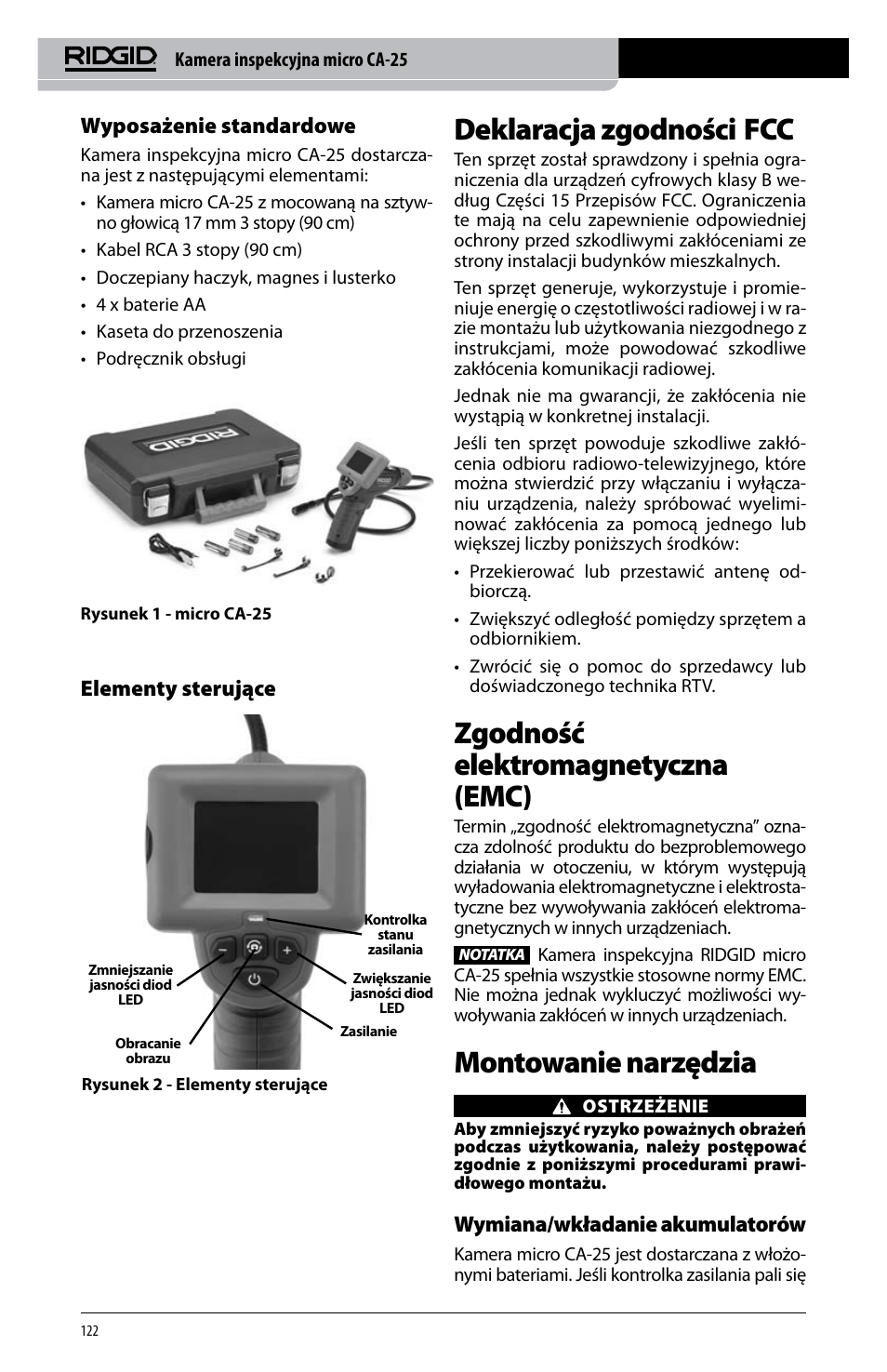 Deklaracja zgodności fcc, Zgodność elektromagnetyczna (emc), Montowanie narzędzia | Wyposażenie standardowe, Elementy sterujące, Wymiana/wkładanie akumulatorów | RIDGID micro CA-25 User Manual | Page 124 / 236