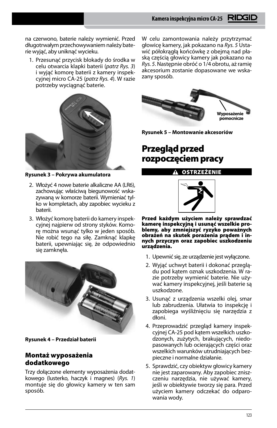 Przegląd przed rozpoczęciem pracy, Montaż wyposażenia dodatkowego | RIDGID micro CA-25 User Manual | Page 125 / 236