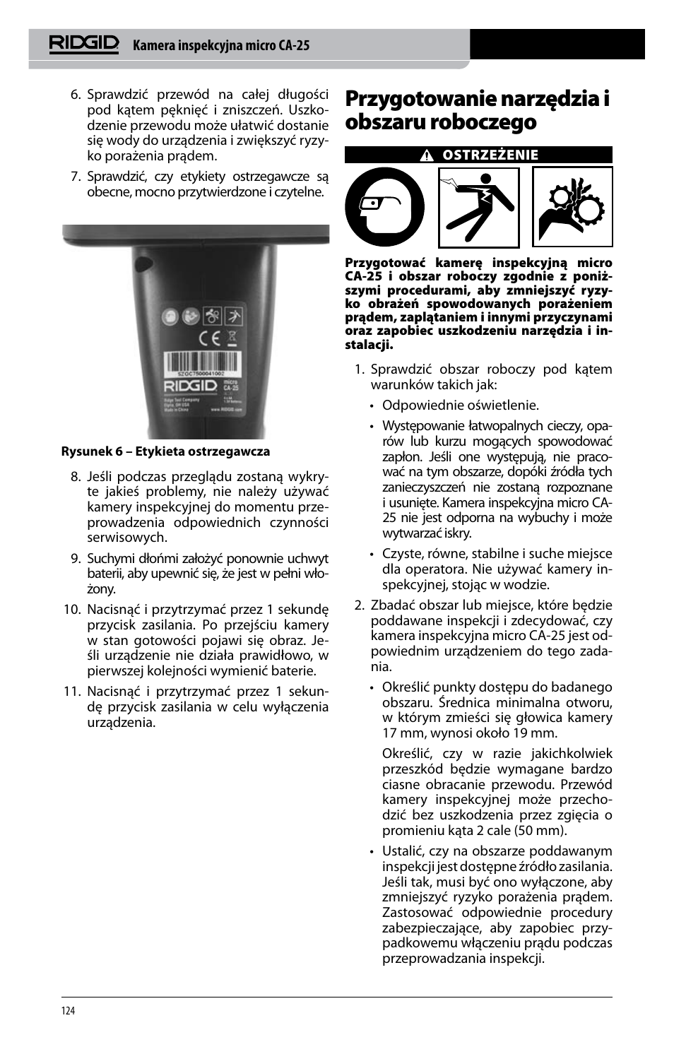 Przygotowanie narzędzia i obszaru roboczego | RIDGID micro CA-25 User Manual | Page 126 / 236