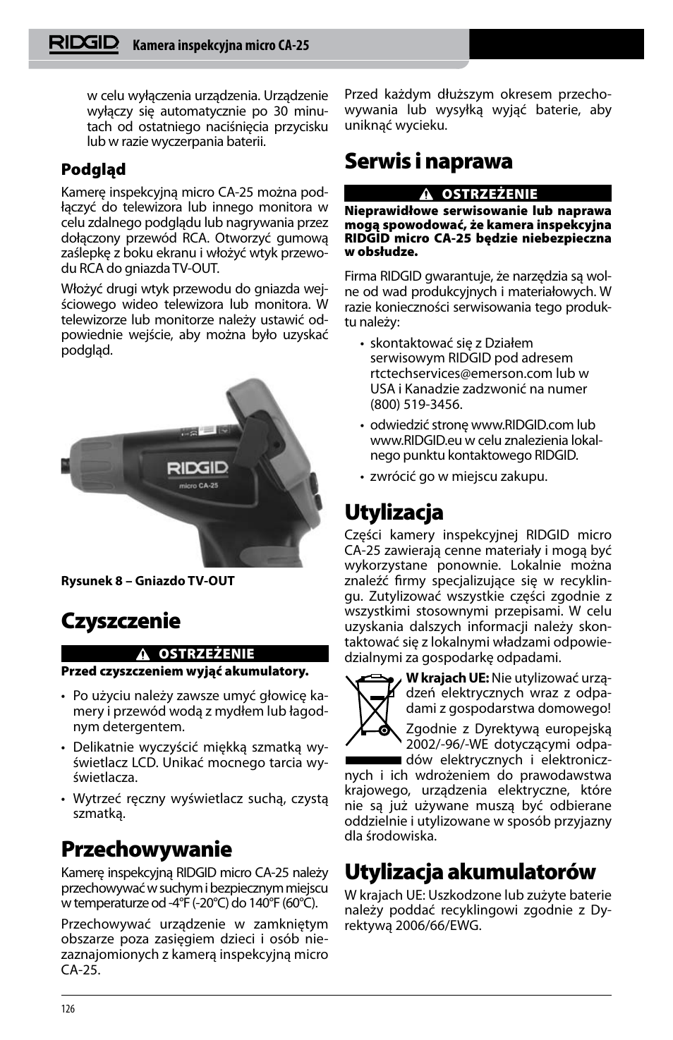 Czyszczenie, Przechowywanie, Serwis i naprawa | Utylizacja, Utylizacja akumulatorów | RIDGID micro CA-25 User Manual | Page 128 / 236