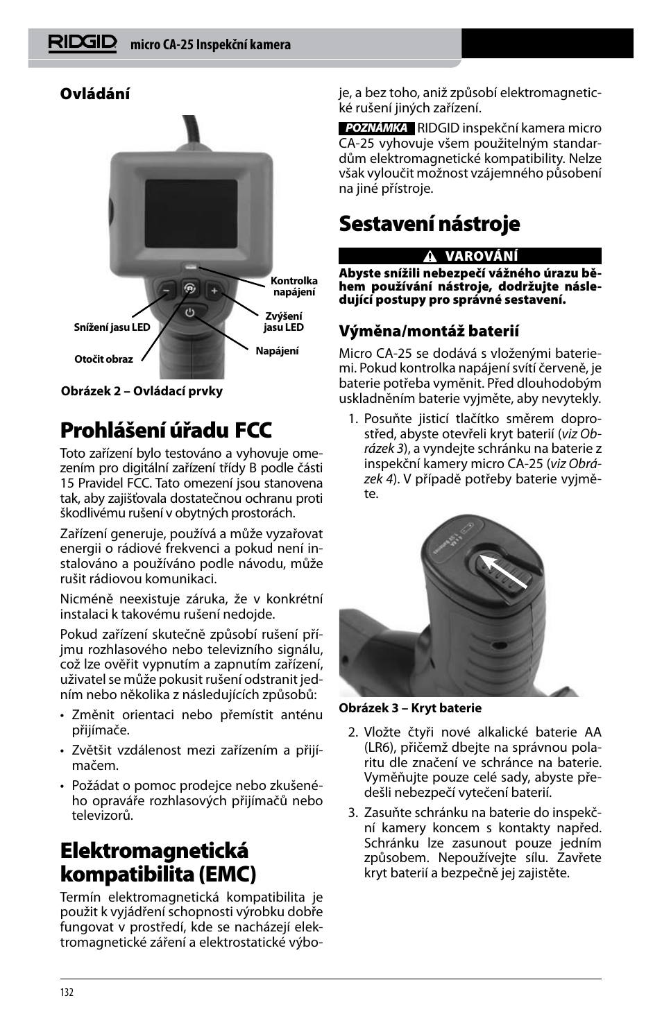 Prohlášení úřadu fcc, Elektromagnetická kompatibilita (emc), Sestavení nástroje | Ovládání, Výměna/montáž baterií | RIDGID micro CA-25 User Manual | Page 134 / 236