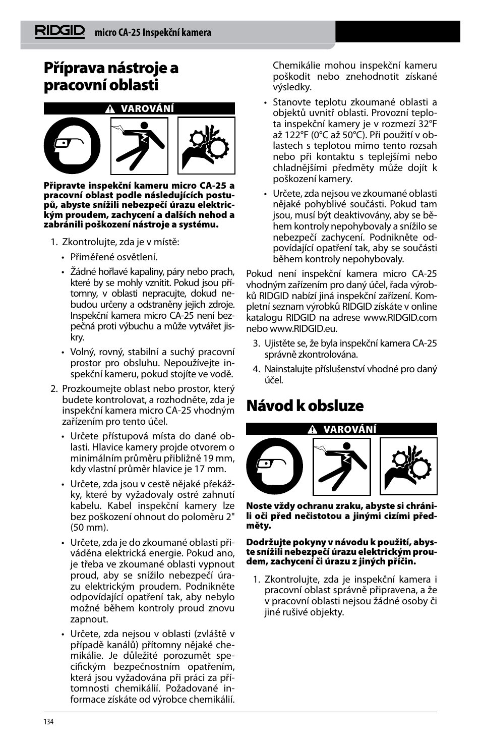 Příprava nástroje a pracovní oblasti, Návod k obsluze | RIDGID micro CA-25 User Manual | Page 136 / 236