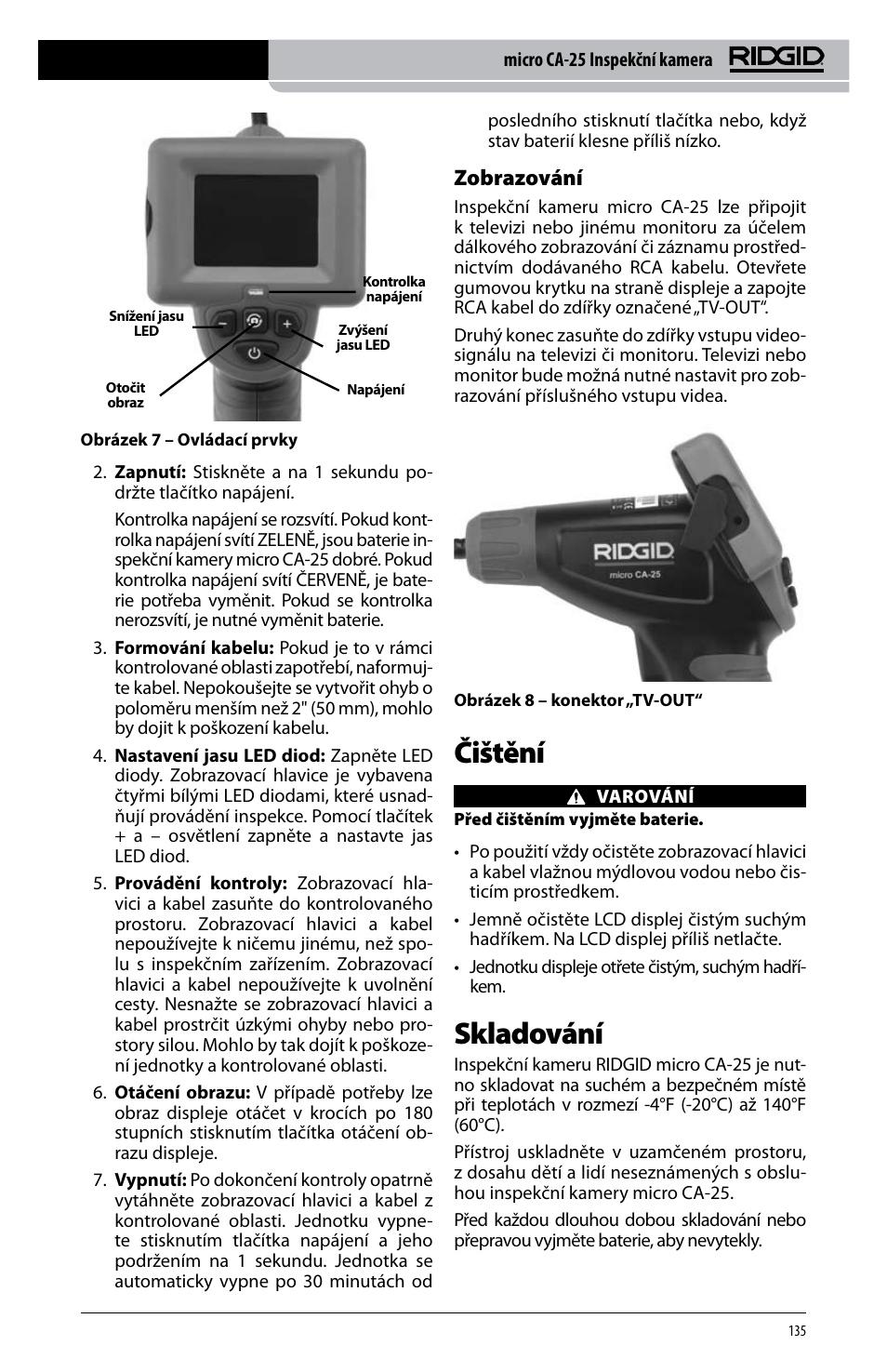 Čištění, Skladování, Zobrazování | RIDGID micro CA-25 User Manual | Page 137 / 236