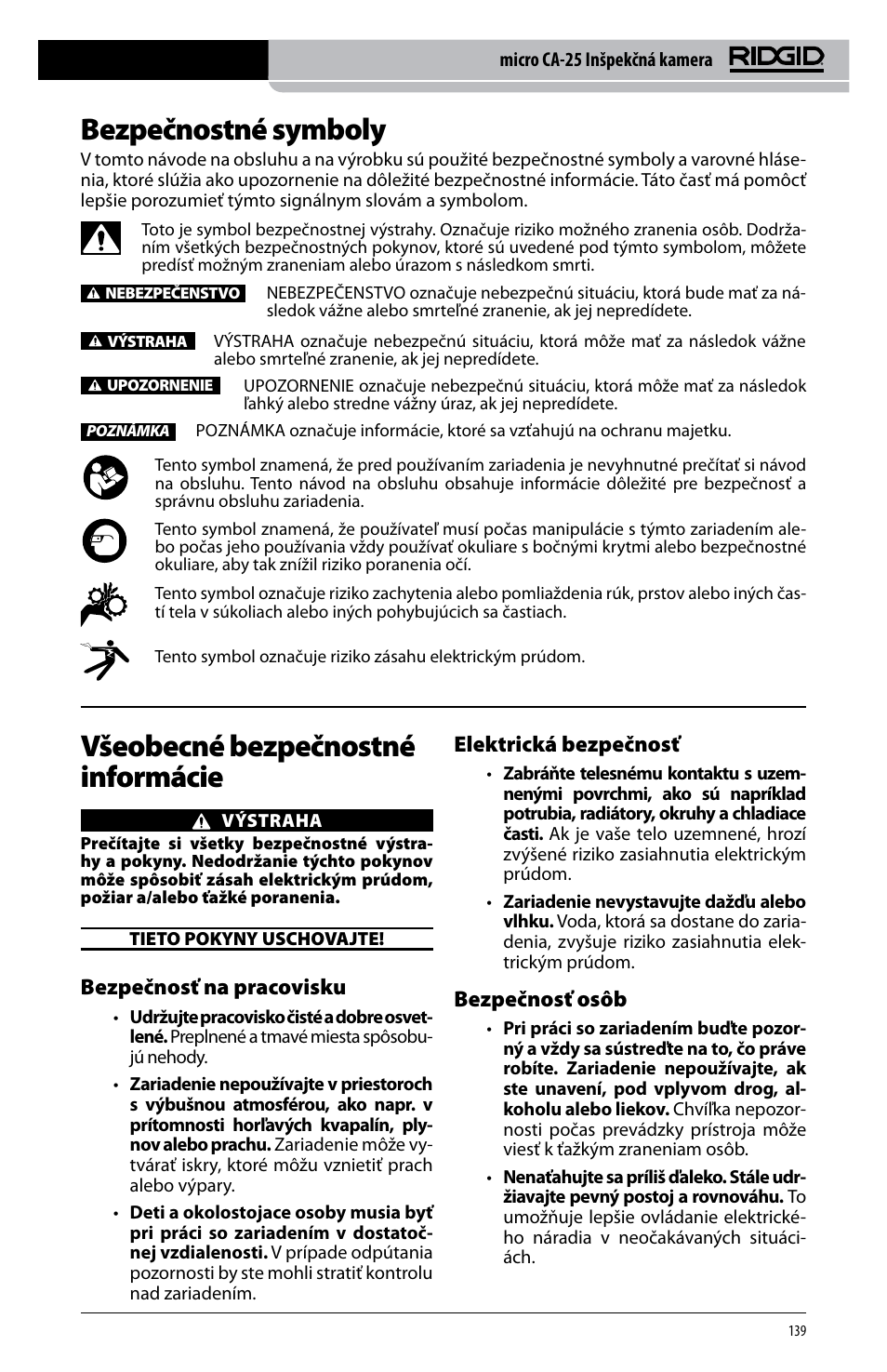 Bezpečnostné symboly, Všeobecné bezpečnostné informácie, Bezpečnosť na pracovisku | Elektrická bezpečnosť, Bezpečnosť osôb | RIDGID micro CA-25 User Manual | Page 141 / 236