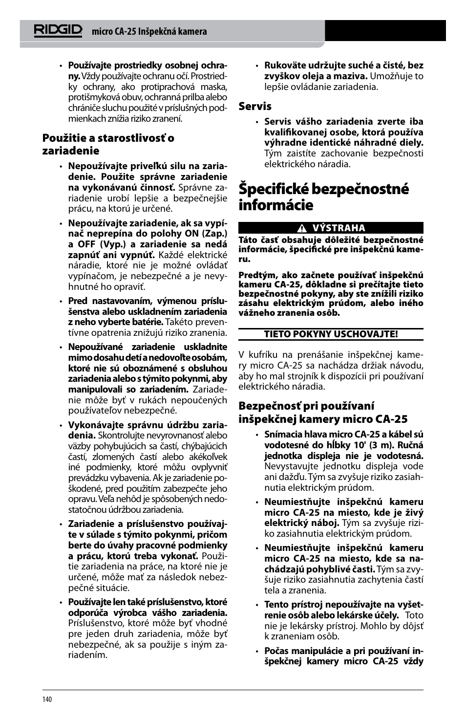 Špecifické bezpečnostné informácie, Použitie a starostlivosť o zariadenie, Servis | RIDGID micro CA-25 User Manual | Page 142 / 236