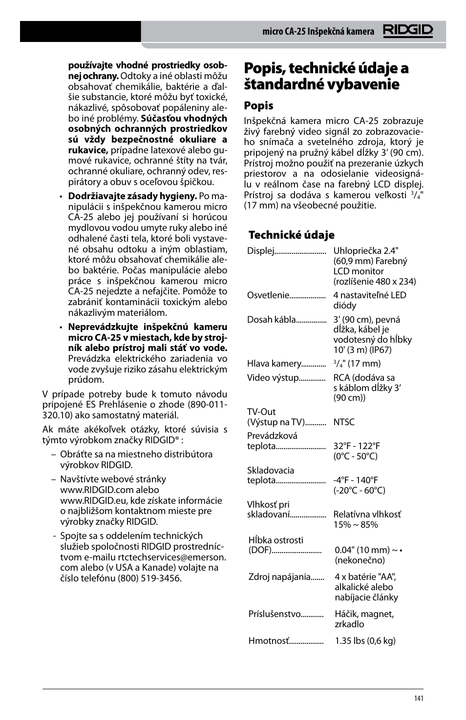 Popis, technické údaje a štandardné vybavenie, Technické údaje, Popis | RIDGID micro CA-25 User Manual | Page 143 / 236