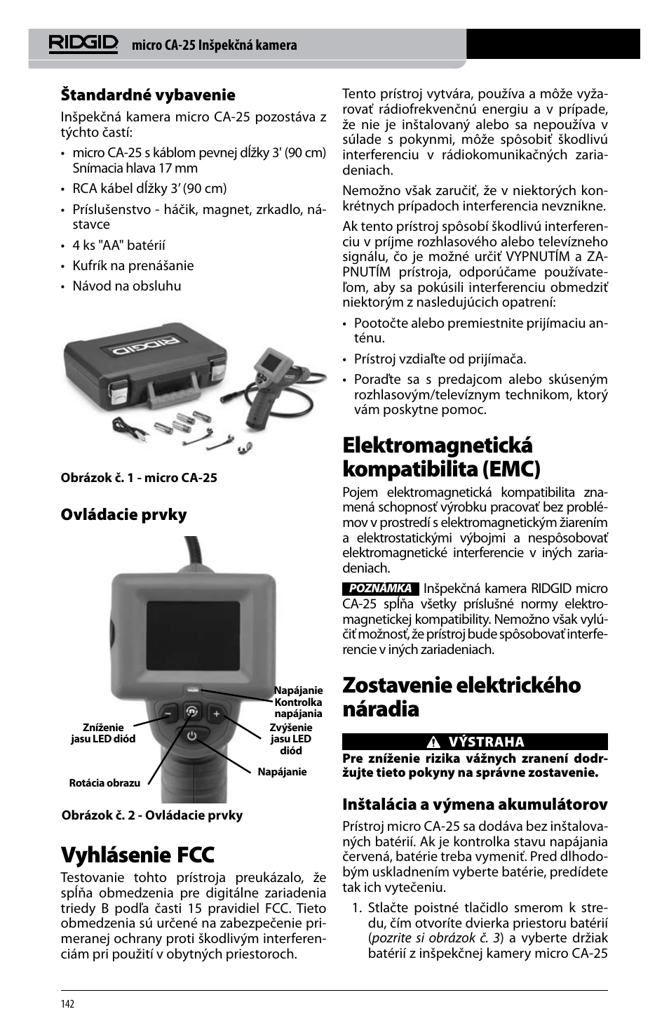 Vyhlásenie fcc, Elektromagnetická kompatibilita (emc), Zostavenie elektrického náradia | Štandardné vybavenie, Ovládacie prvky, Inštalácia a výmena akumulátorov | RIDGID micro CA-25 User Manual | Page 144 / 236