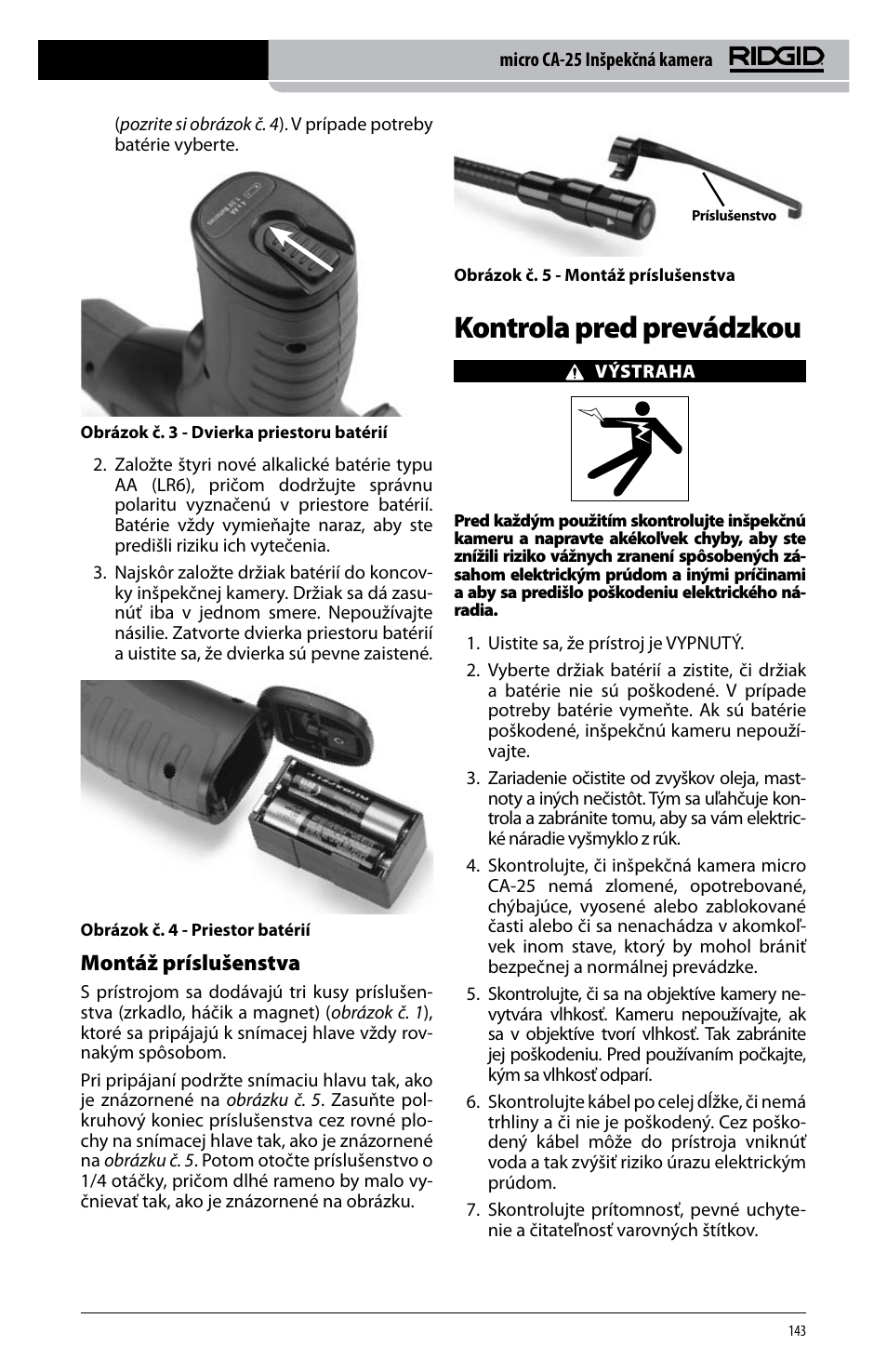 Kontrola pred prevádzkou, Montáž príslušenstva | RIDGID micro CA-25 User Manual | Page 145 / 236