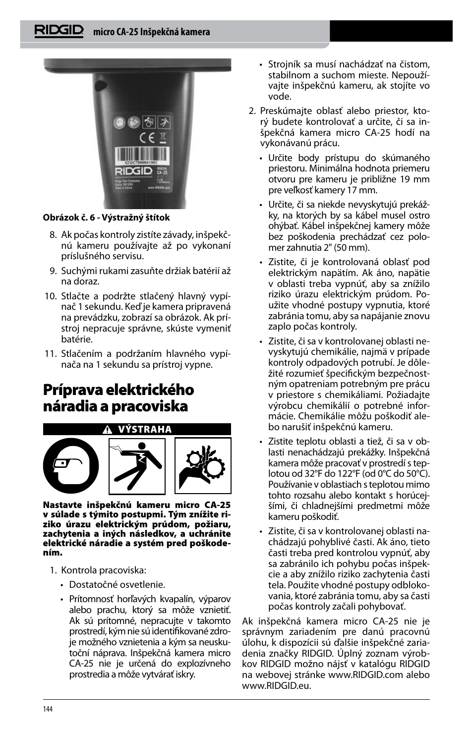 Príprava elektrického náradia a pracoviska | RIDGID micro CA-25 User Manual | Page 146 / 236