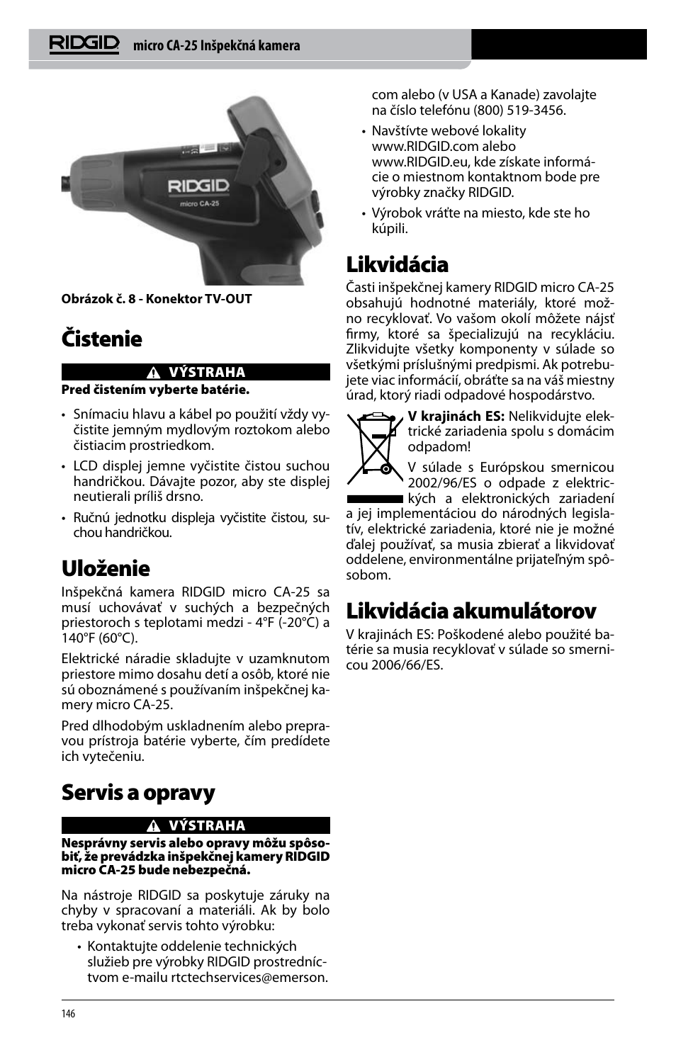 Čistenie, Uloženie, Servis a opravy | Likvidácia, Likvidácia akumulátorov | RIDGID micro CA-25 User Manual | Page 148 / 236