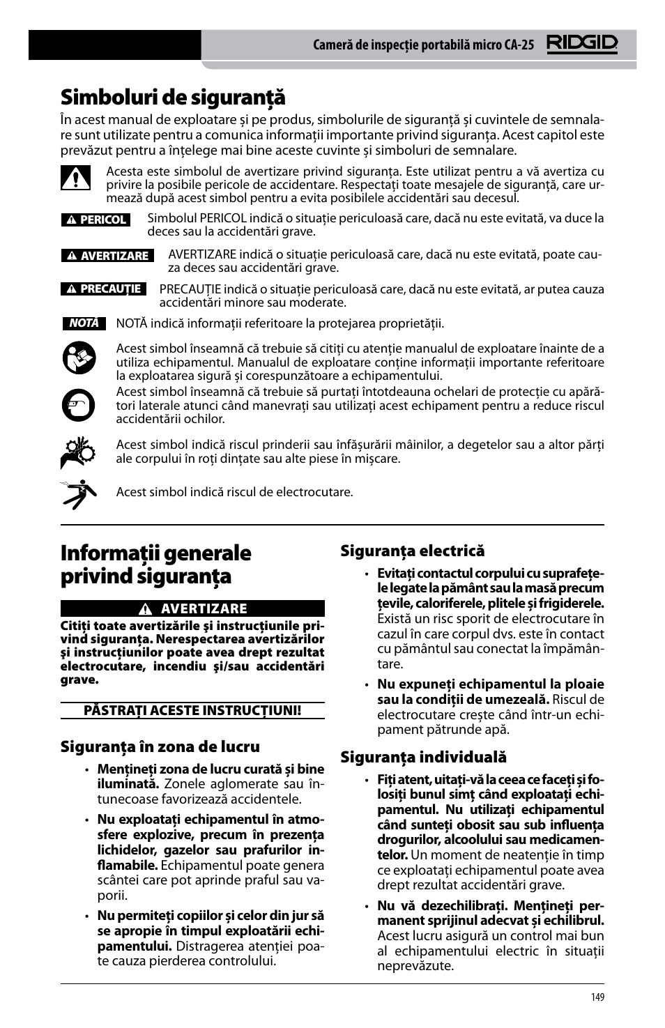 Simboluri de siguranţă, Informaţii generale privind siguranţa, Siguranţa în zona de lucru | Siguranţa electrică, Siguranţa individuală | RIDGID micro CA-25 User Manual | Page 151 / 236