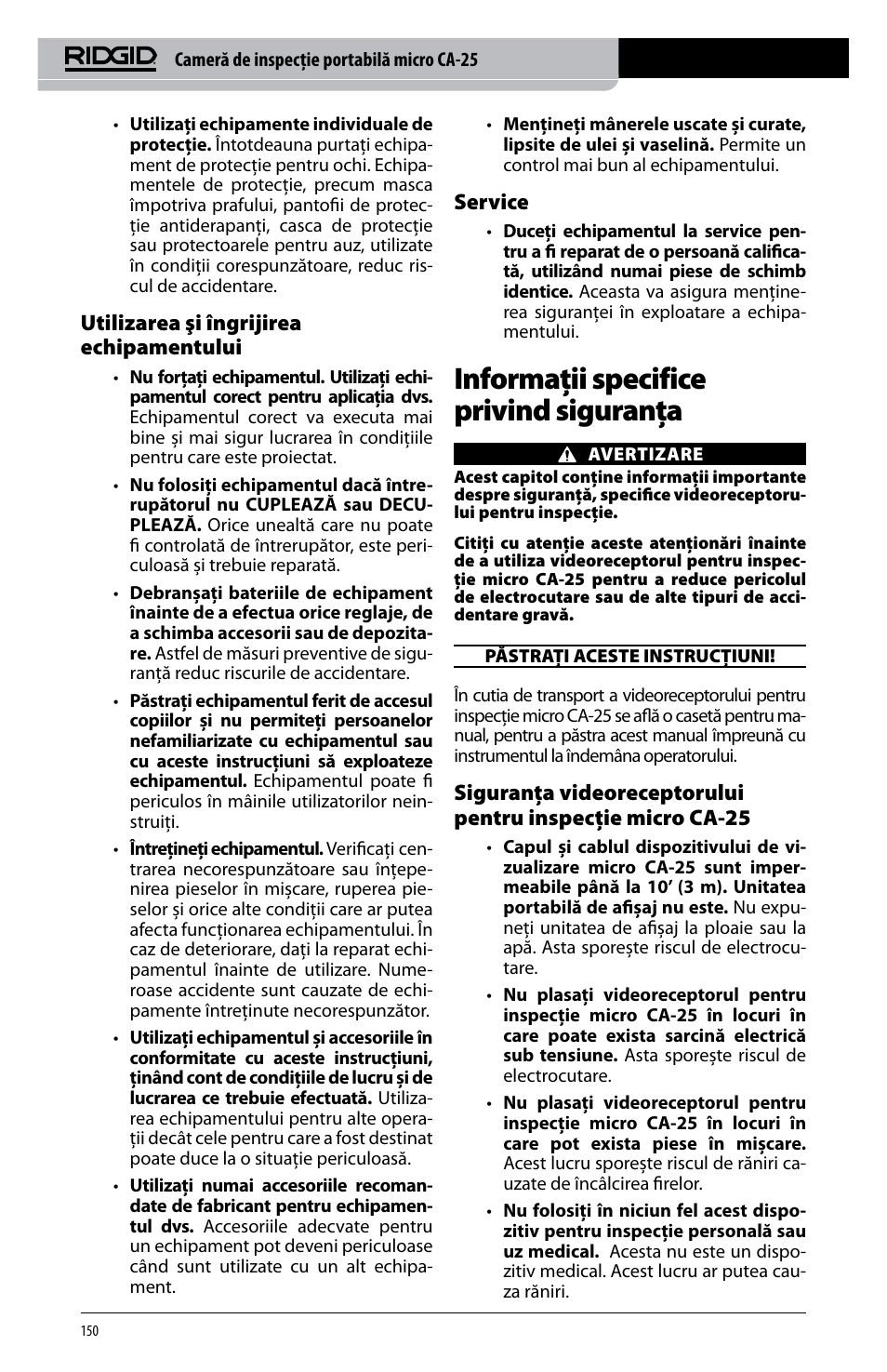 Informaţii specifice privind siguranţa, Utilizarea şi îngrijirea echipamentului, Service | RIDGID micro CA-25 User Manual | Page 152 / 236