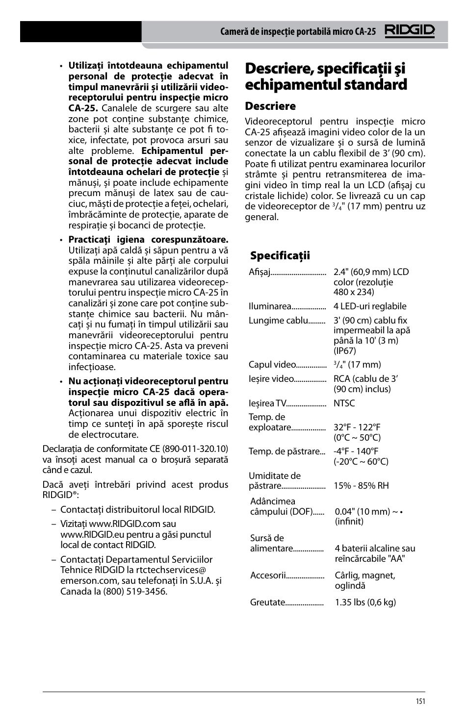 Descriere, specificaţii şi echipamentul standard, Specificaţii, Descriere | RIDGID micro CA-25 User Manual | Page 153 / 236