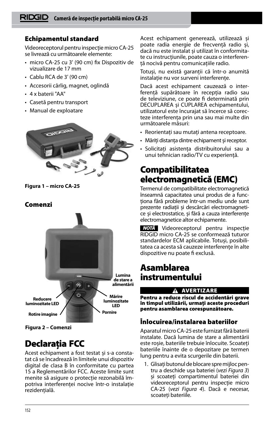 Declaraţia fcc, Compatibilitatea electromagnetică (emc), Asamblarea instrumentului | Echipamentul standard, Comenzi, Înlocuirea/instalarea bateriilor | RIDGID micro CA-25 User Manual | Page 154 / 236