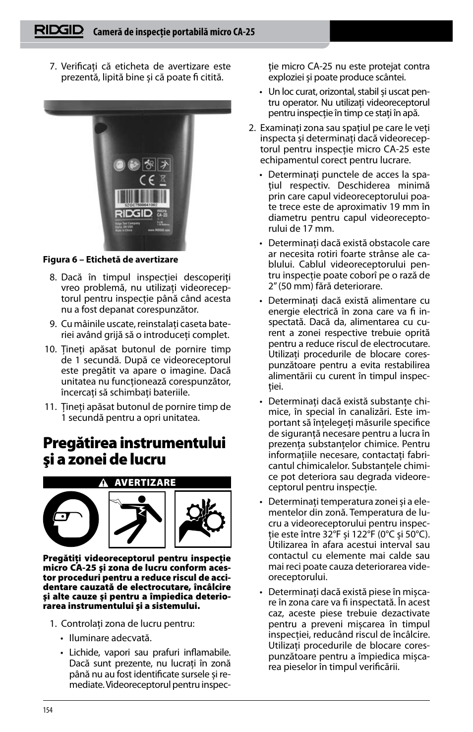 Pregătirea instrumentului şi a zonei de lucru | RIDGID micro CA-25 User Manual | Page 156 / 236