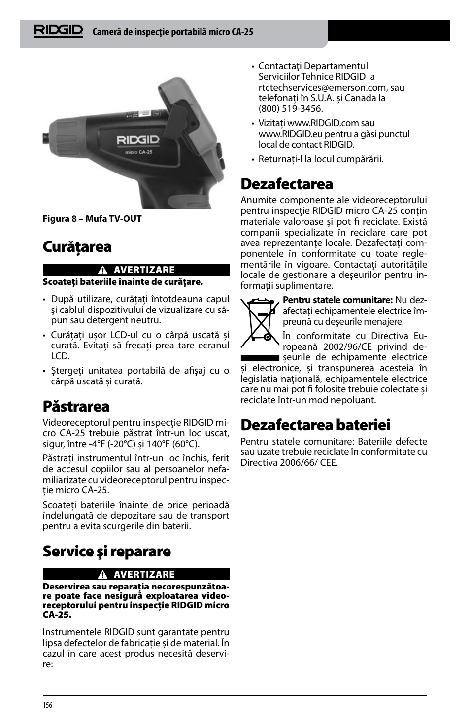 Curăţarea, Păstrarea, Service şi reparare | Dezafectarea, Dezafectarea bateriei | RIDGID micro CA-25 User Manual | Page 158 / 236